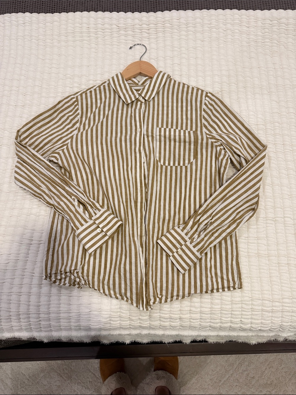 Sezane Striped Button-Down Shirt in Tan and White